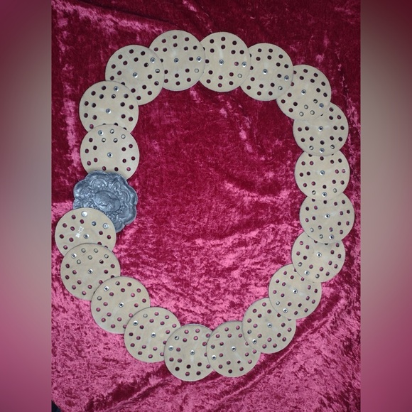 VTG Statement Oversized Faux Leather Disk Belt Large Metal Buckle Boho Western - Picture 6 of 9